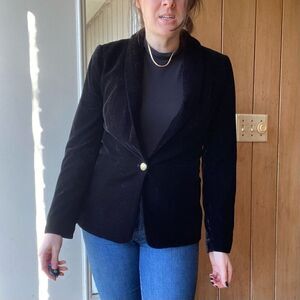 J. Crew Classic Black Velvet Women's Blazer with Deep V & Single Gold Button - S